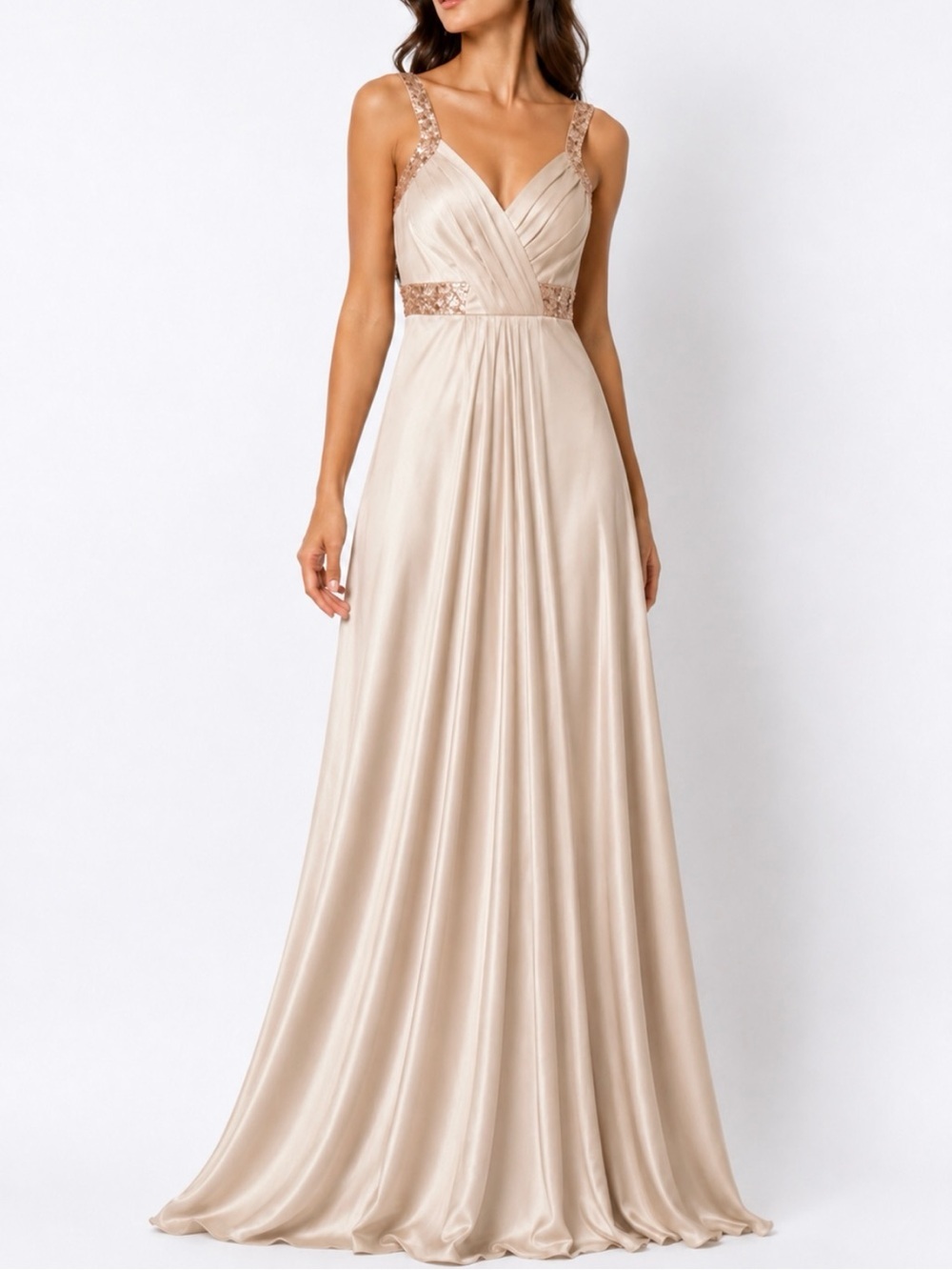 Aidan Mattox Champange Rose Gold Sequin Pleated Satin Long Formal Open Back Gown